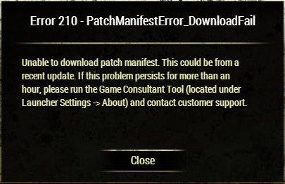 Eso Error 210 Patch Manifest Error Download Fail